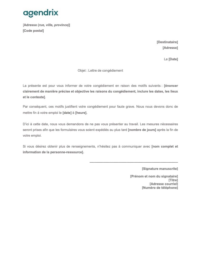 Modèle de lettre de congédiement pour faute grave