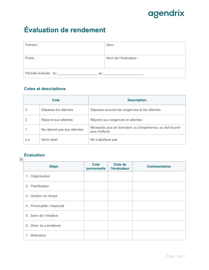 Guide d'évaluation du rendement