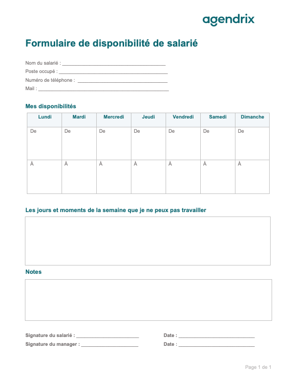 formulaire de disponibilité de salarié dans un document Word