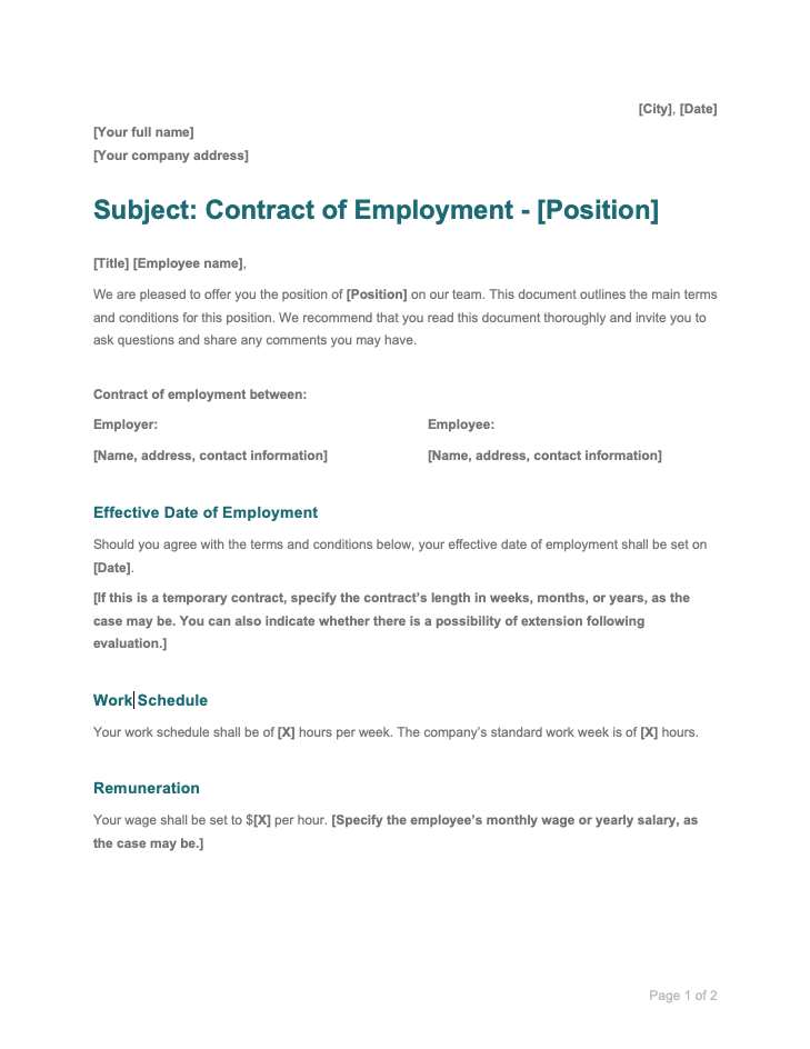 Word Employment Contract of Service Template