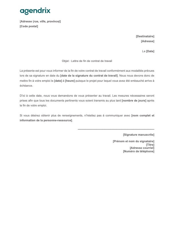 Modèle de lettre de fin de contrat de travail