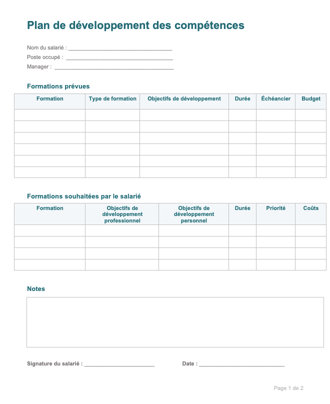 Plan de développement des compétences de salarié dans un document Word