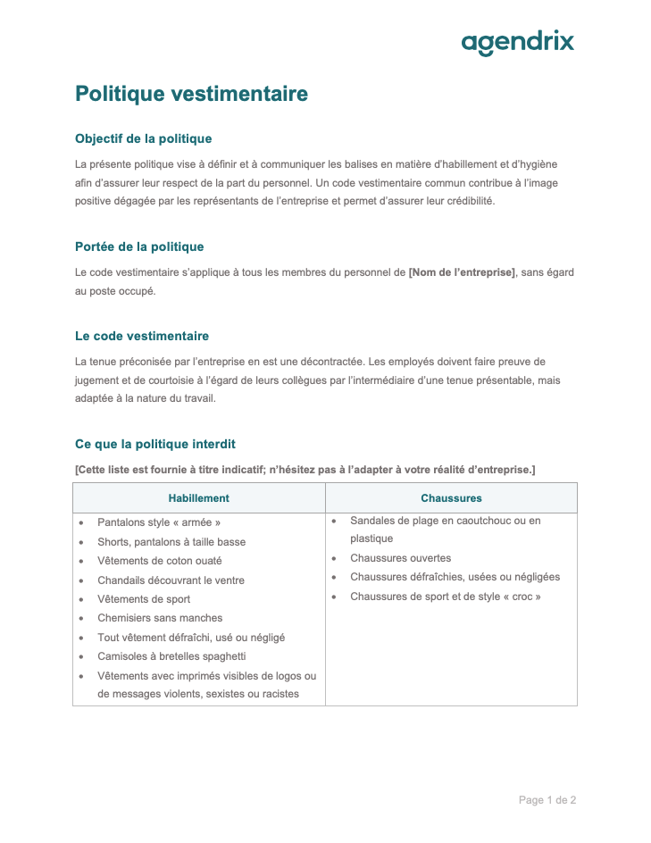 Modèle de politique vestimentaire au travail