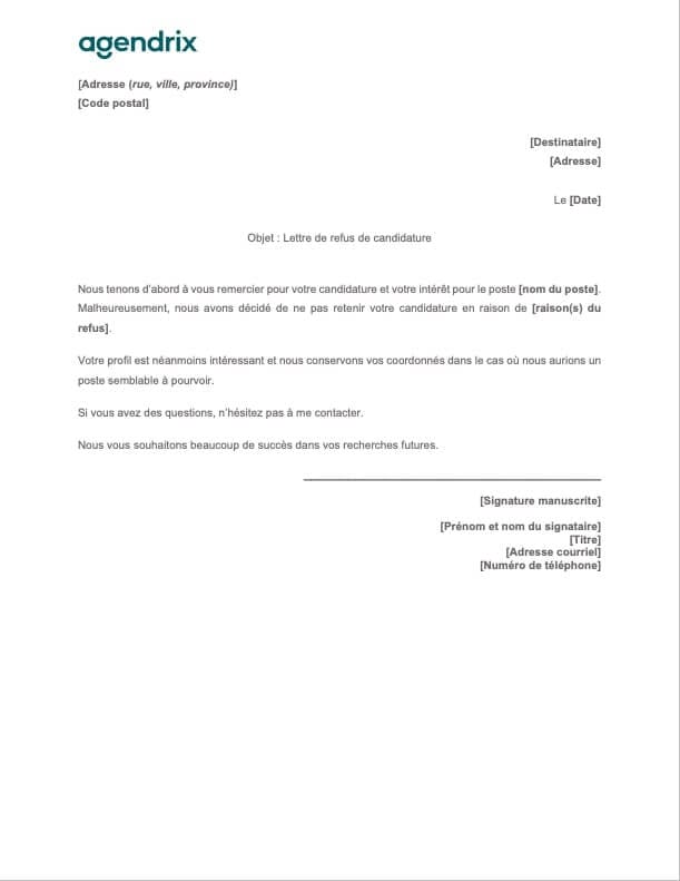 Modèle de lettre de refus de candidature