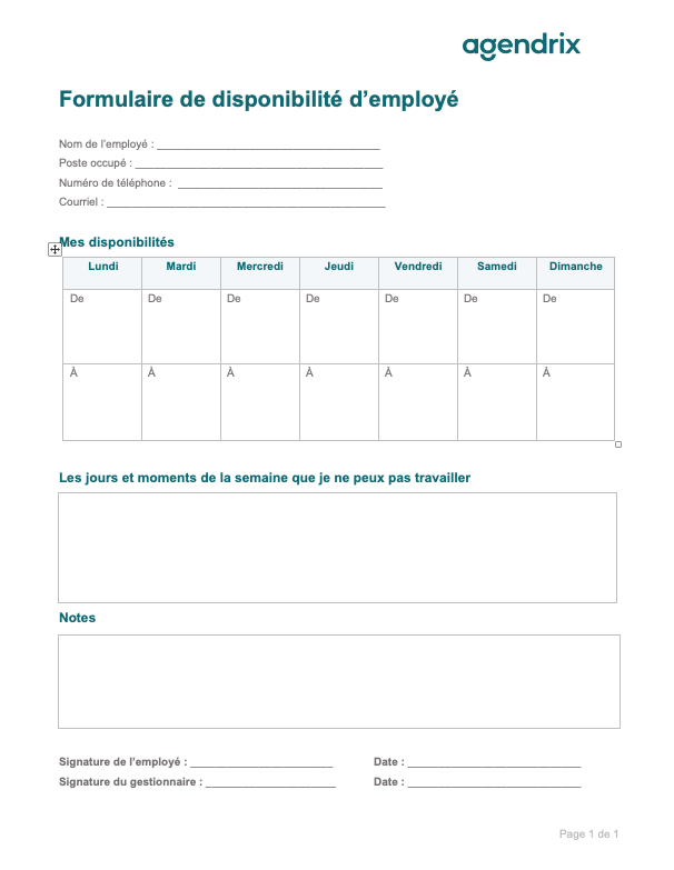 formulaire de disponibilité d'employé dans un document Word