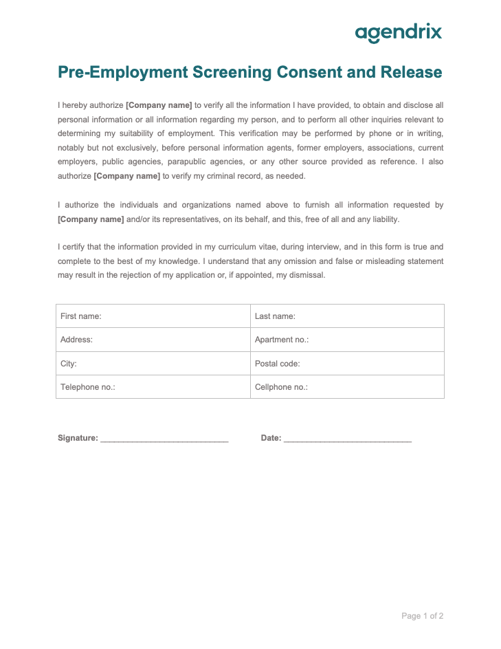 Pre-Employment Screening Consent Form Template