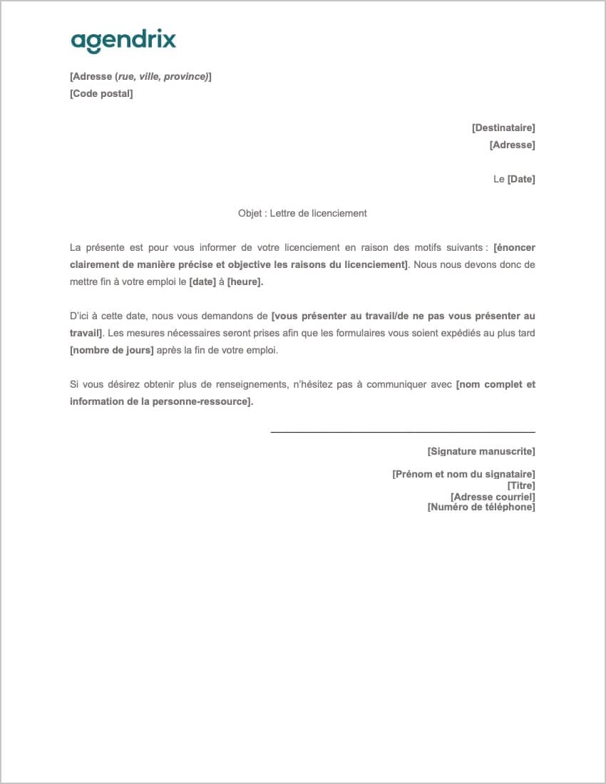 Modèle de lettre de licenciement