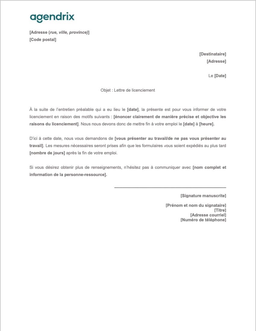 Modèle de lettre de licenciement