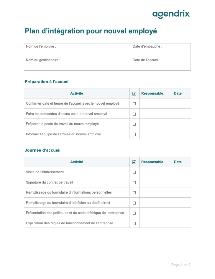 Plan d'intégration pour nouvel employé