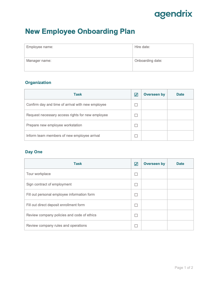 New Employee Onboarding Plan Template