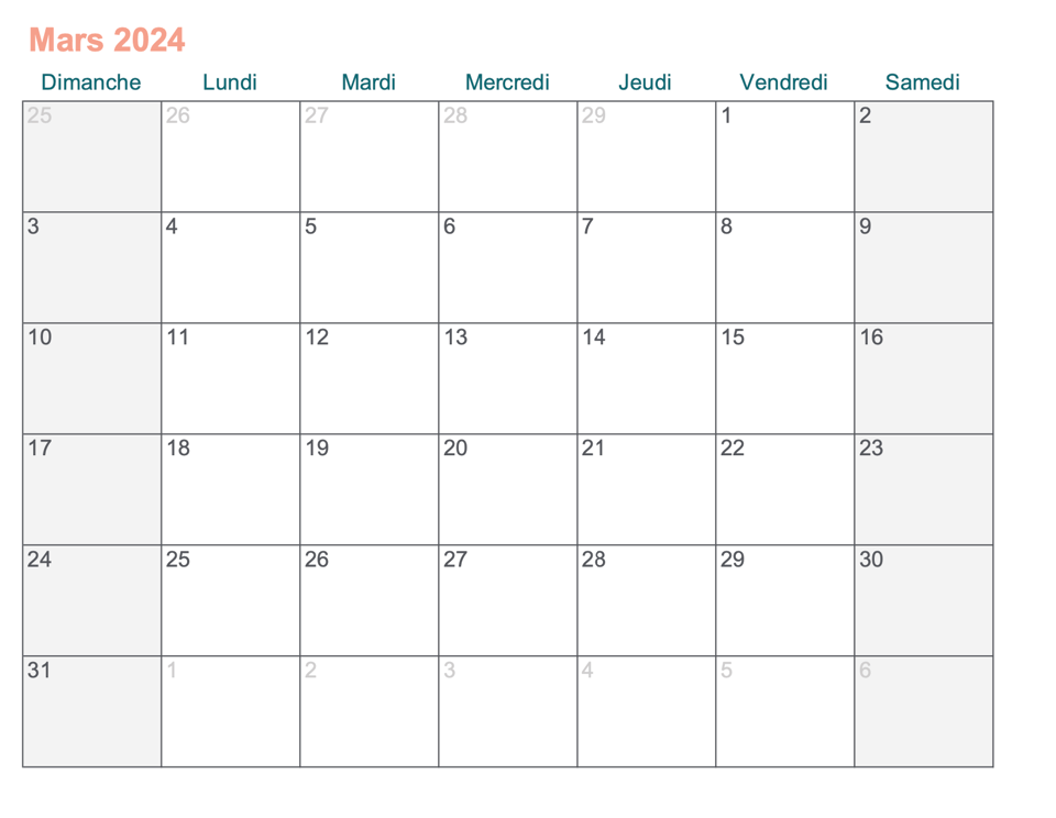 Calendrier mars 2024 à imprimer avec Excel gratuit Agendrix