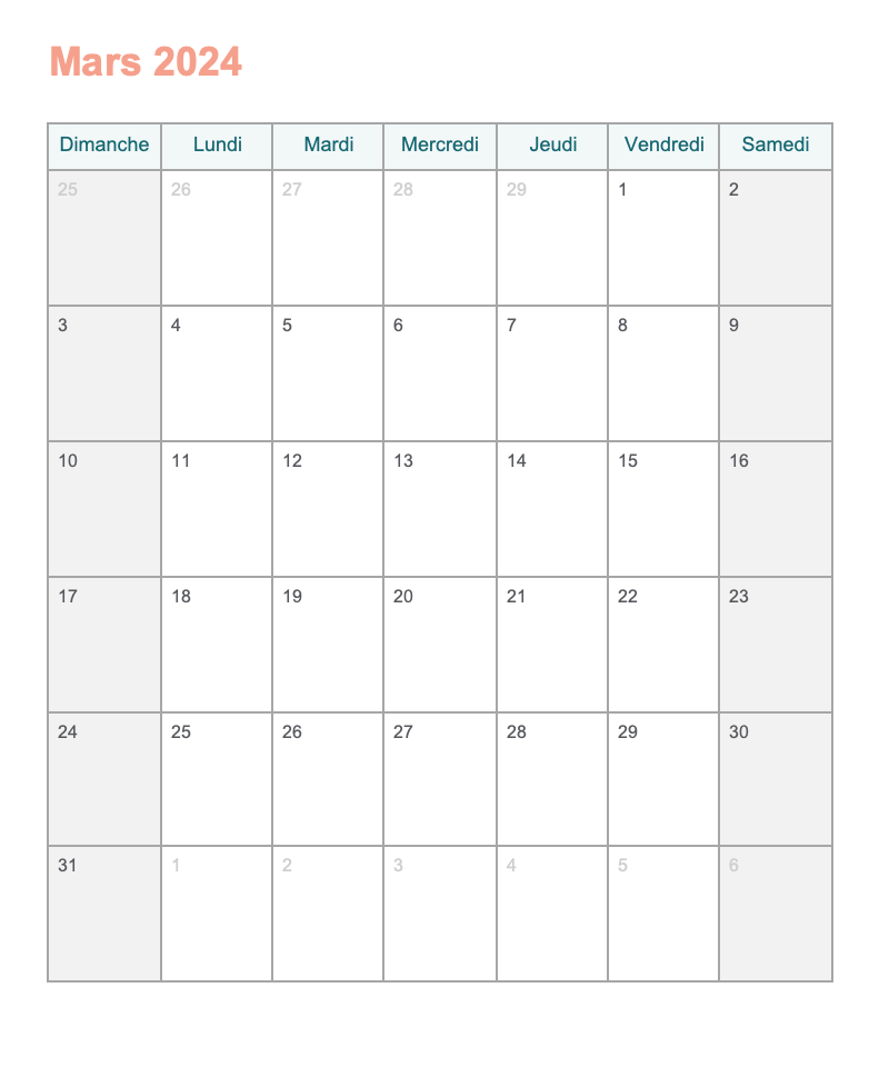 Calendrier mars 2024 à imprimer avec Word gratuit Agendrix