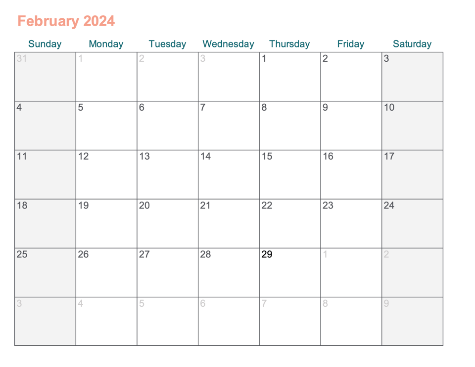 February 2024 printable calendar with Excel - Agendrix