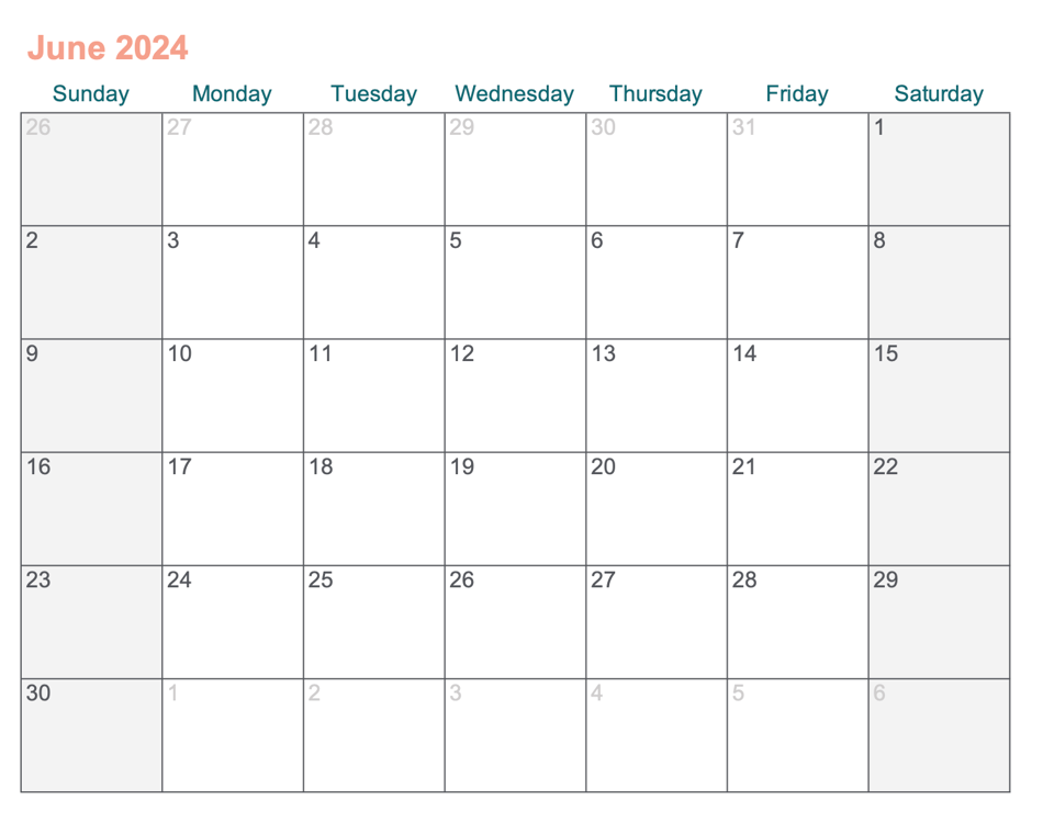 June 2024 printable calendar with Excel Agendrix