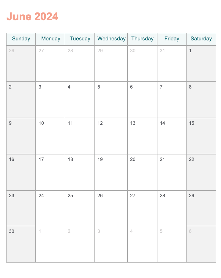 June 2024 printable calendar with Word Agendrix