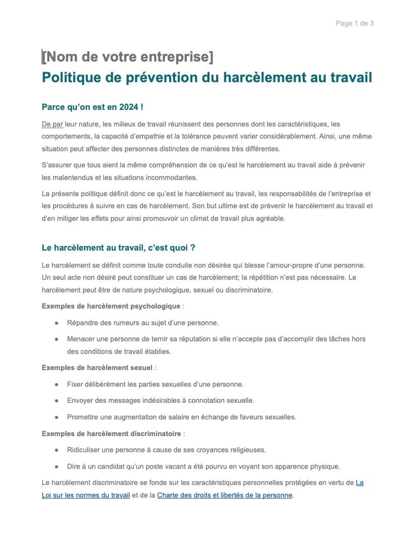 Capture d'écran d'un modèle de politique du harcèlement au travail