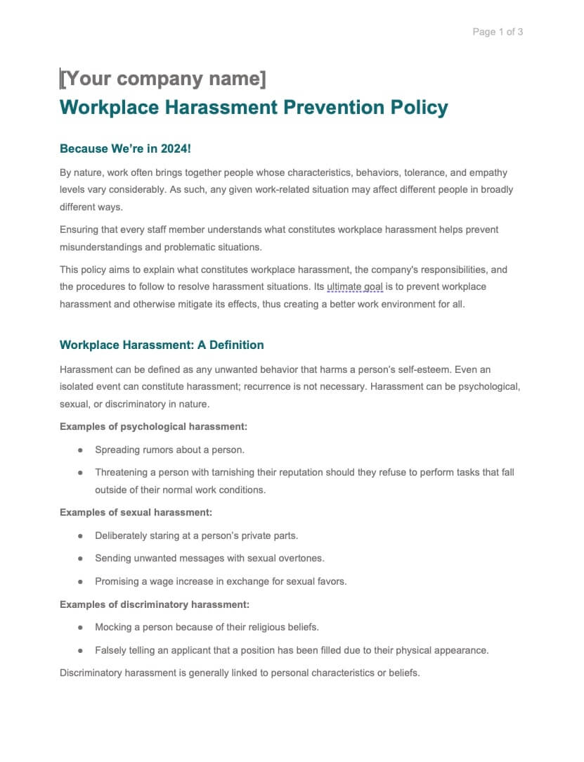 Workplace harassment prevention policy sample screenshot