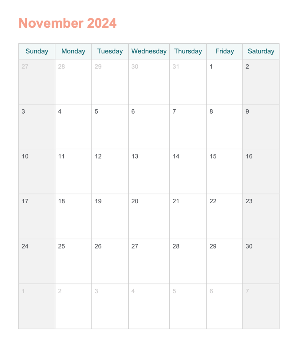 November 2024 printable calendar with Word Agendrix