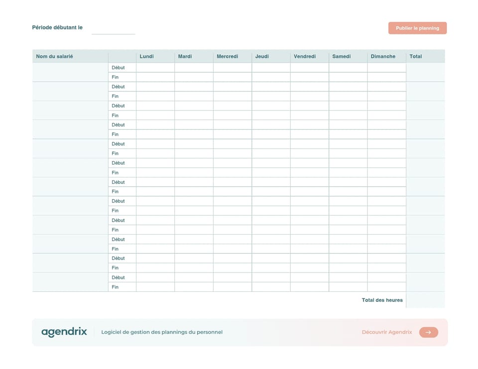 Capture d'écran du modèle de plannings pour restaurant.