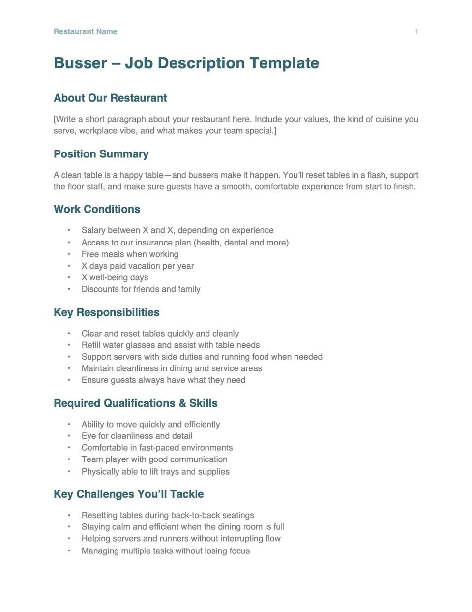 Busser job description template screenshot.