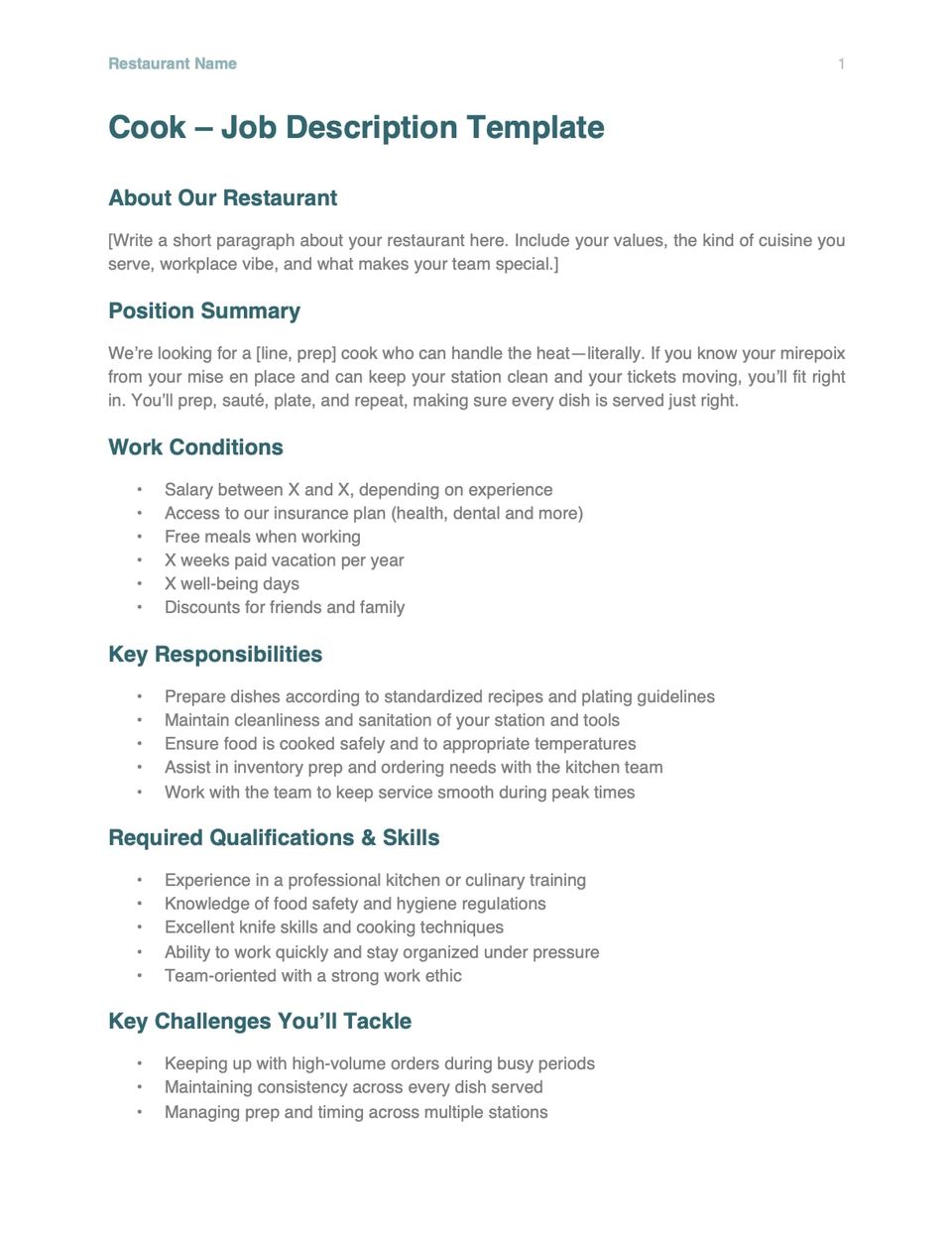 Cook job description template screenshot