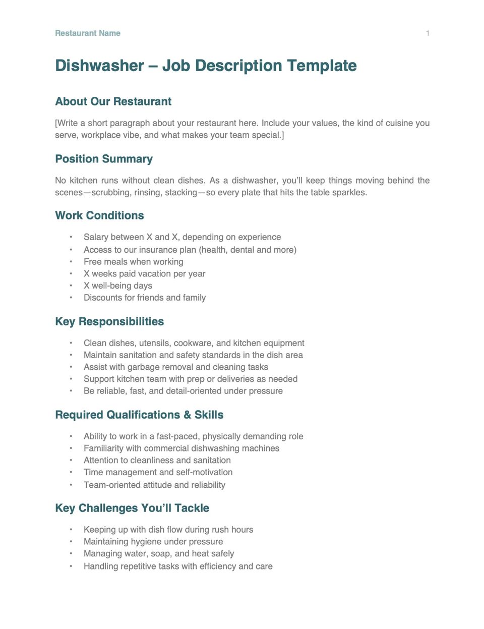 Dishwasher job description template screenshot