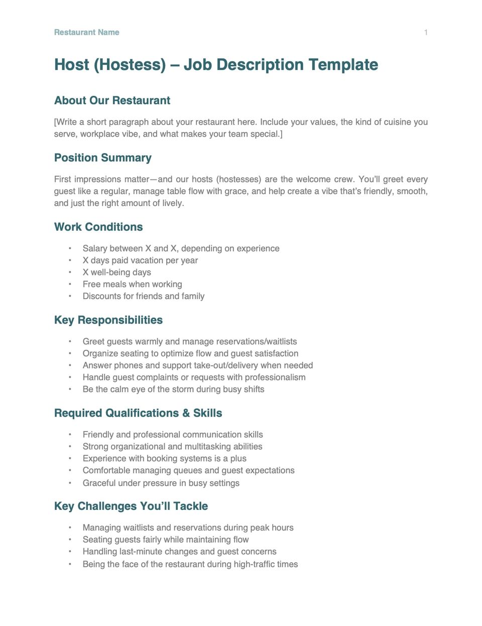 Host job description template screenshot