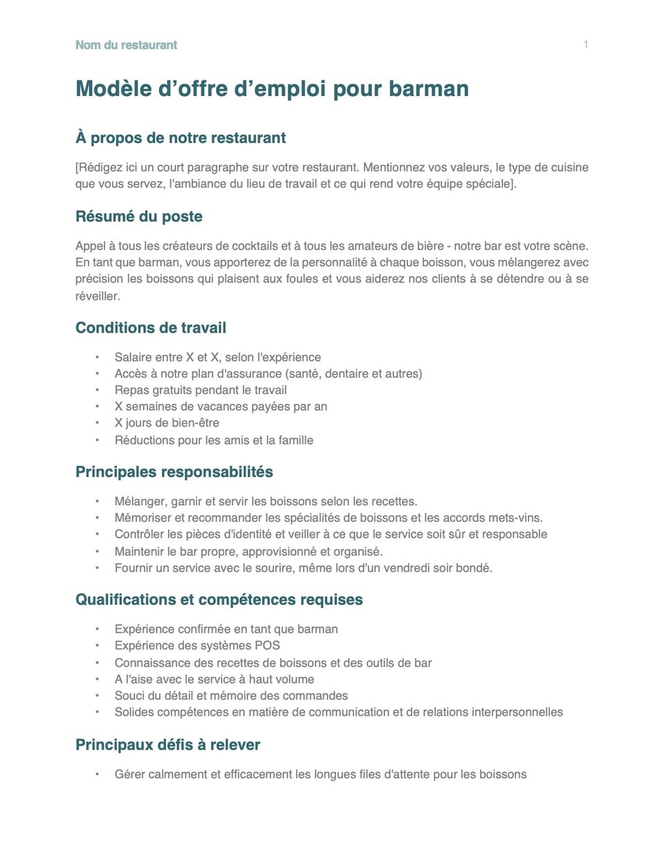 Capture d'écran du modèle d'offre d'emploi pour barman (restaurant).