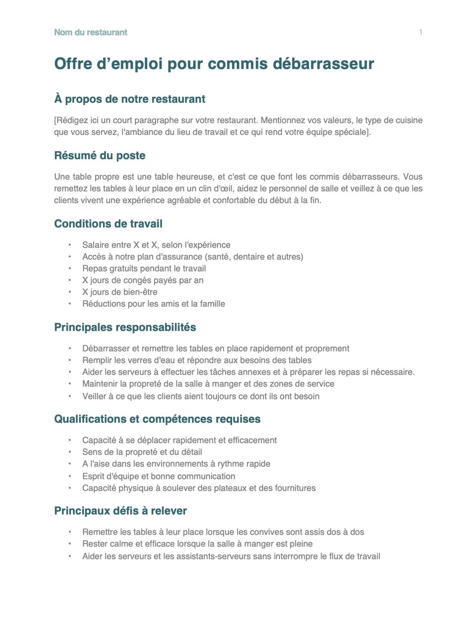 Capture d'écran du modèle d'offre d'emploi pour commis débarrasseur.