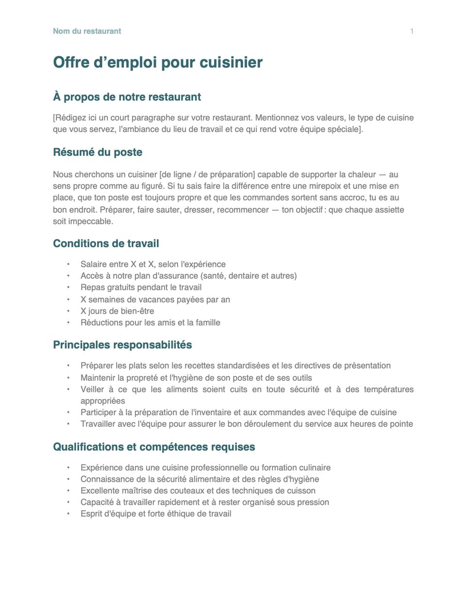 Capture d'écran du modèle d'offre d'emploi pour cuisinier.