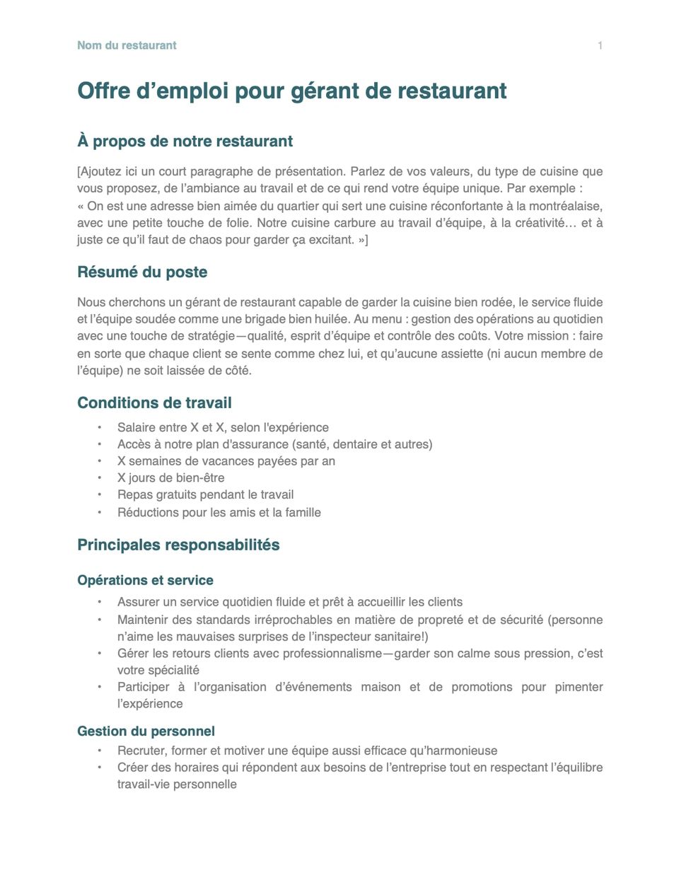 Capture d'écran du modèle d'offre d'emploi pour gérant de restaurant
