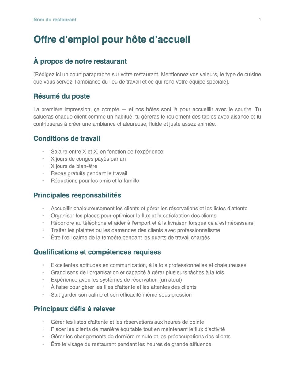 Capture d'écran du modèle d'offre d'emploi pour hôte d'accueil
