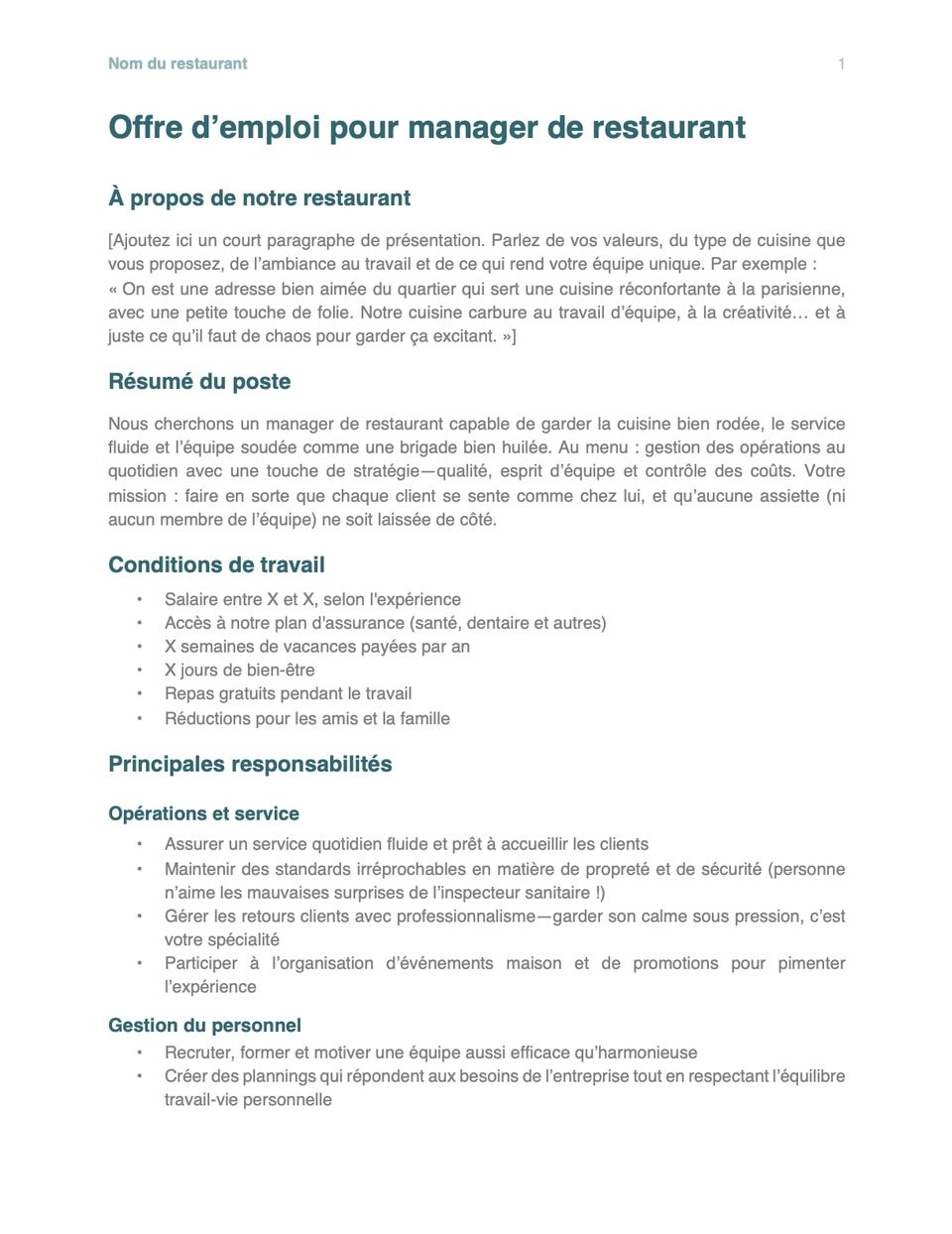 Capture d'écran du modèle d'offre d'emploi pour manager de restaurant