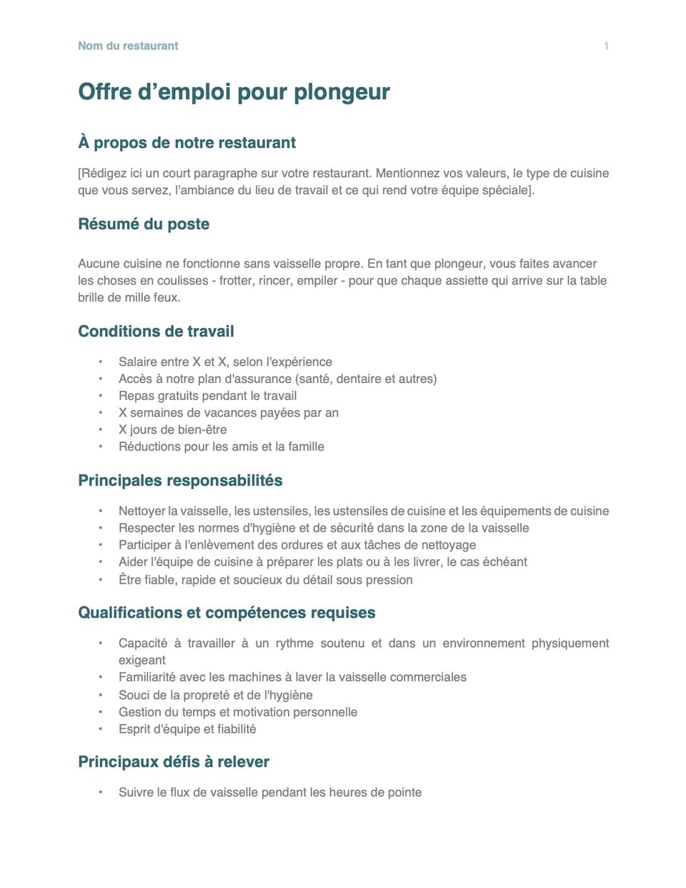 Capture d'écran du modèle d'offre d'emploi pour plongeur en restauration