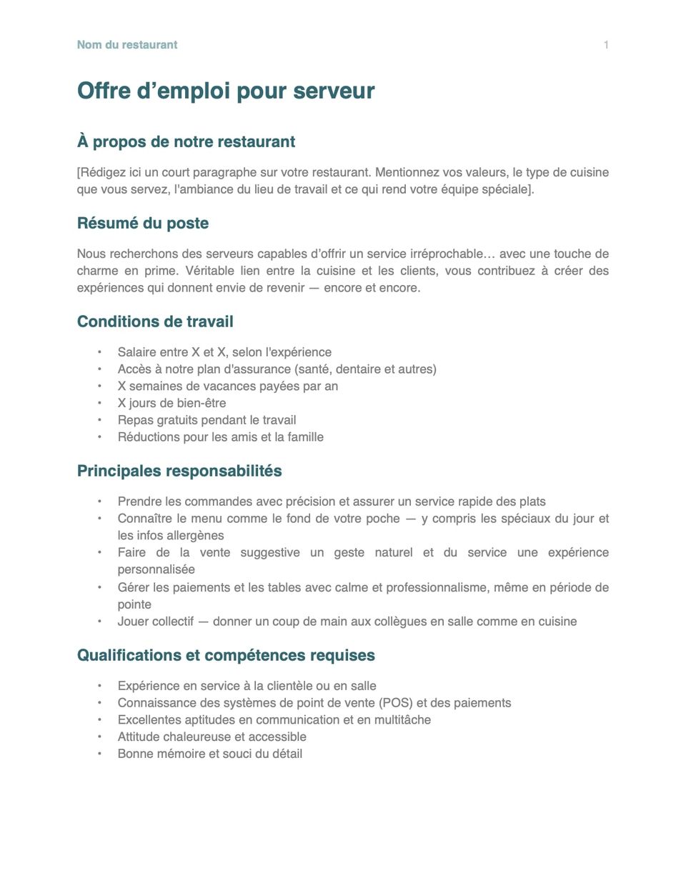Capture d'écran du modèle d'offre d'emploi pour serveur