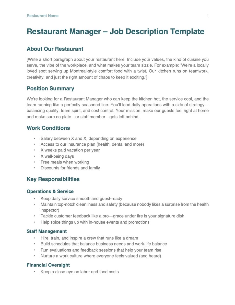 Restaurant manager job description template screenshot