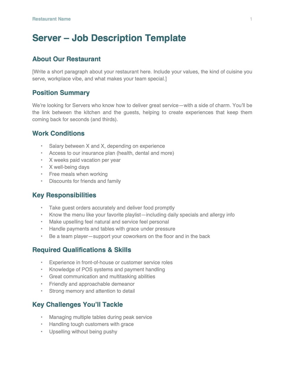 Restaurant server job description template screenshot