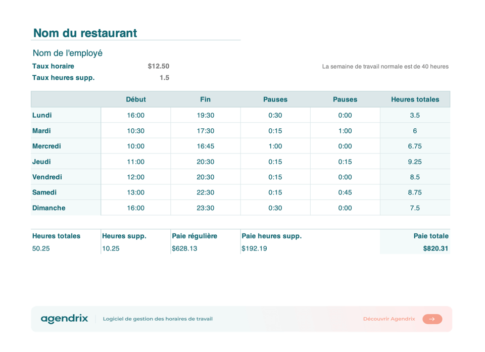 Calculatrice heures travail restaurant