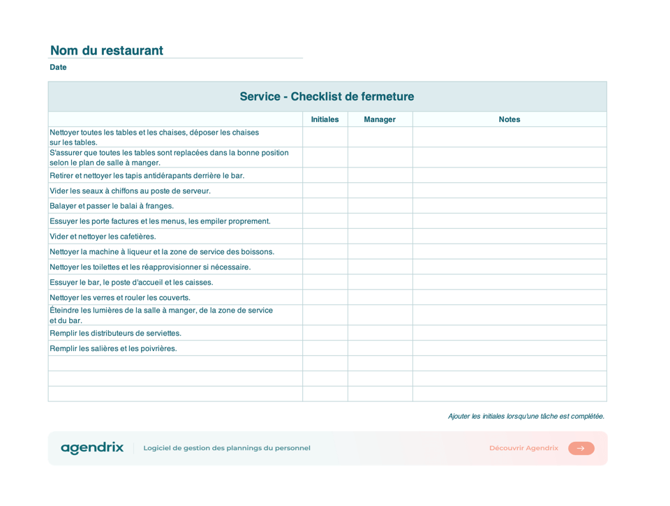 screenshot checklist fermeture restaurant