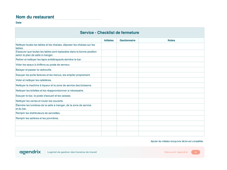 screenshot checklist fermeture restaurant