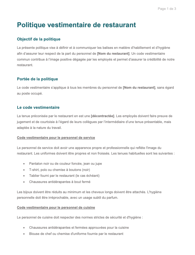screenshot code vestimentaire restaurant