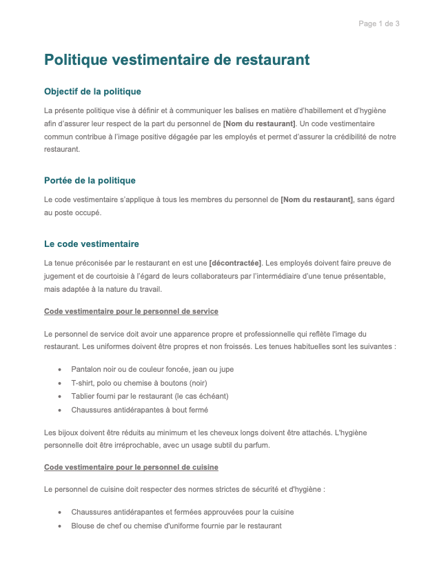 screenshot code vestimentaire restaurant