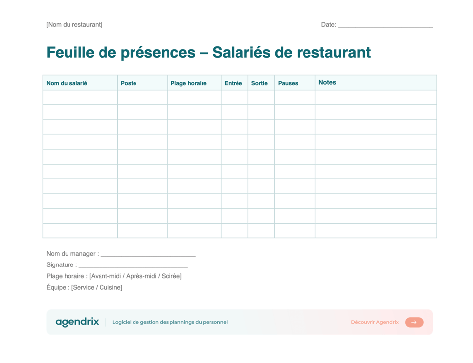screenshot feuille de presence salaries restaurant
