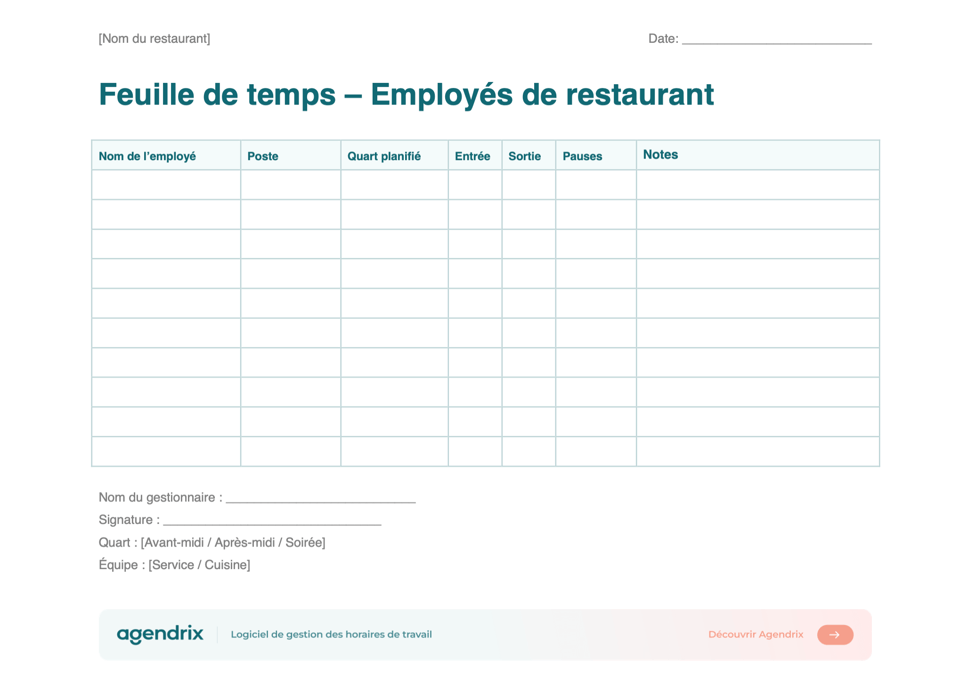 screenshot feuille de temps restaurant