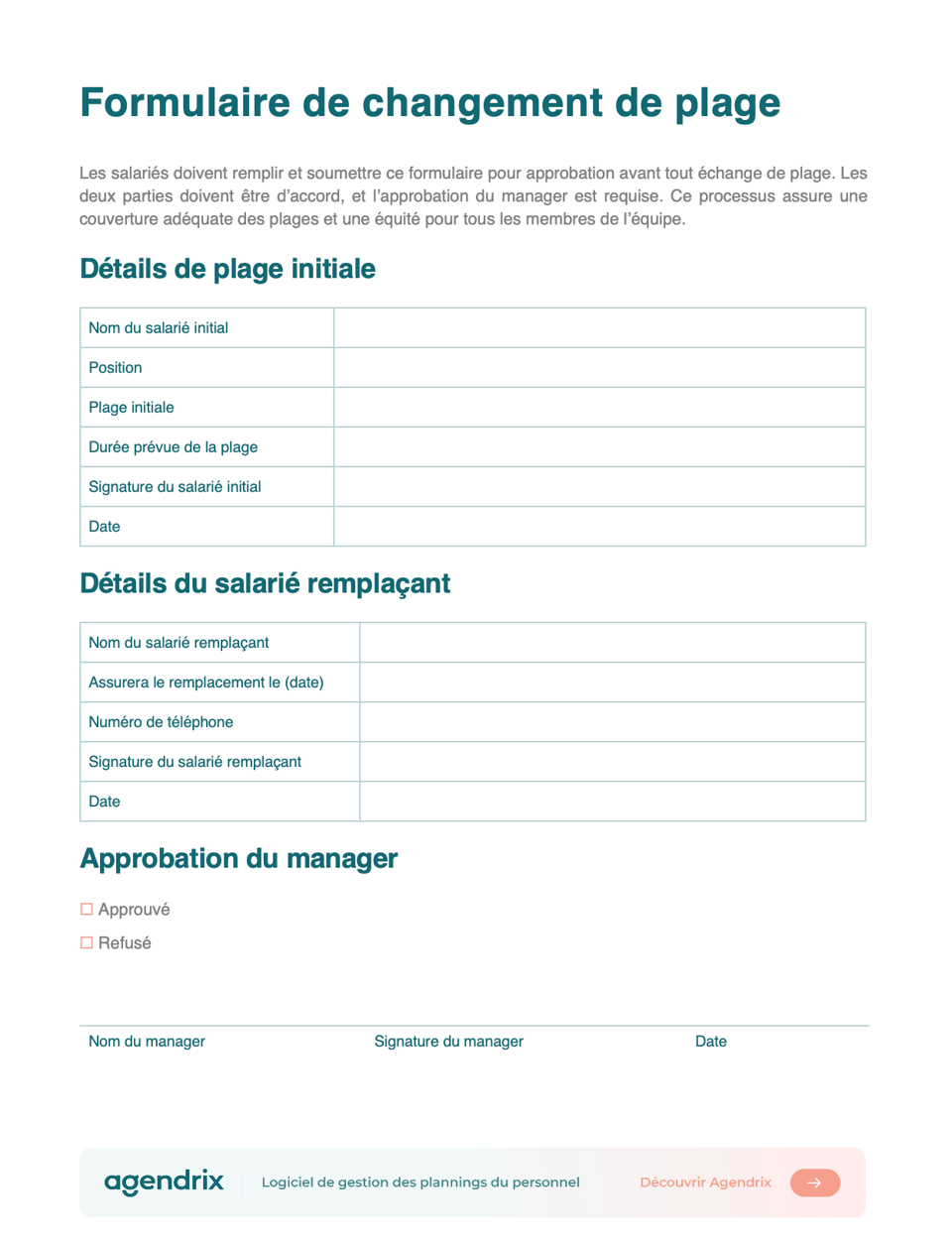 formulaire de changement de quart