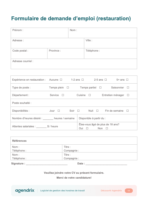 screenshot formulaire demande emploi restaurant