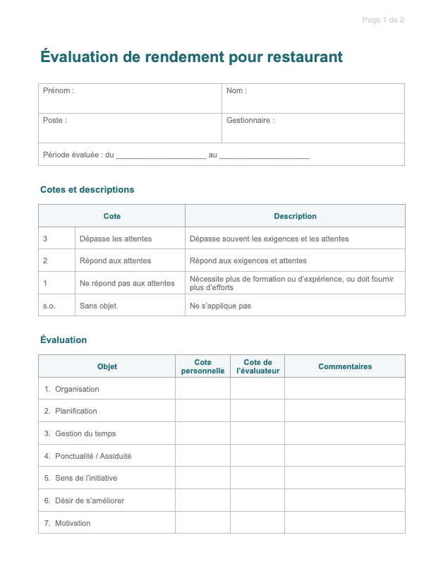 screenshot modele evaluation restaurant