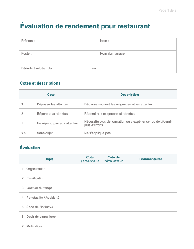 screenshot modele evaluation salarie restaurant