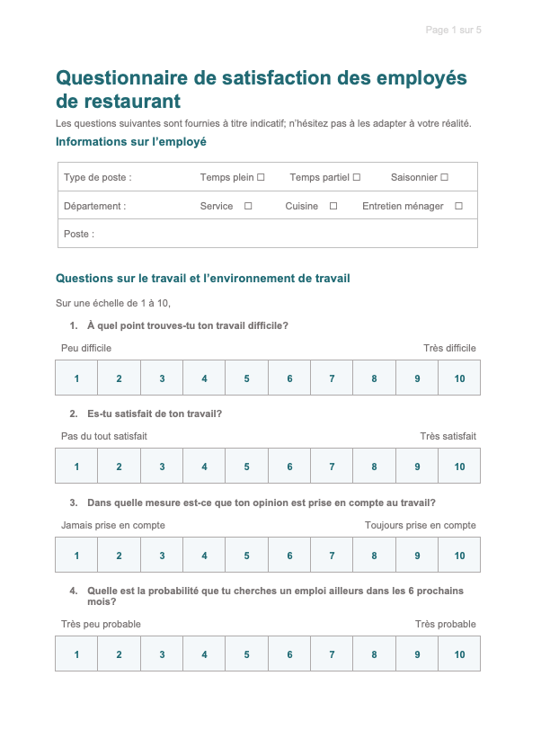 screenshot questionnaire satisfaction employes restaurant