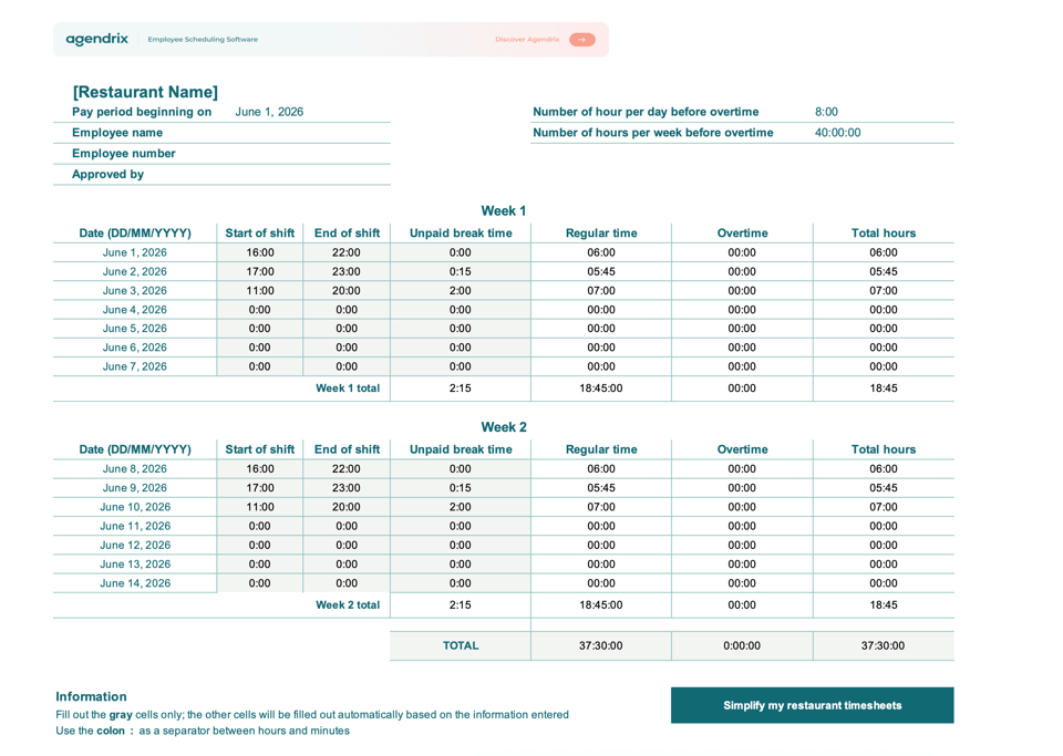 Restaurant excel timesheet template